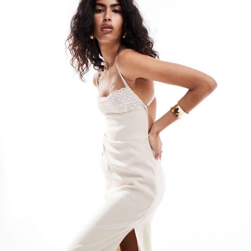Women’s Mango Selection linen embroidered panel backless midi dress in cream